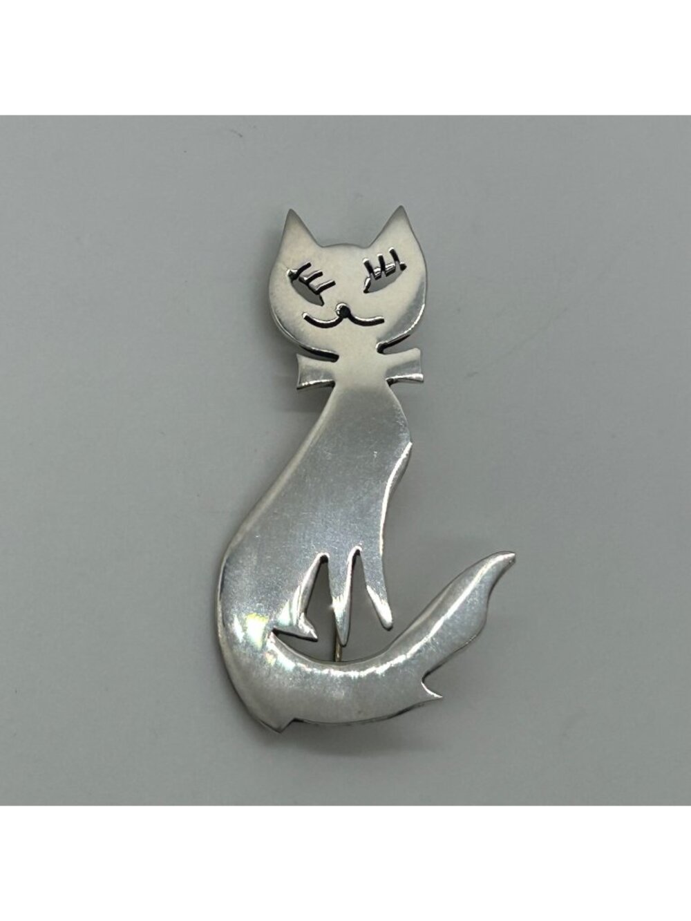 Vintage Sterling Silver Cat Brooch Pin 925 Mexico Handmade 2 Inches 1989